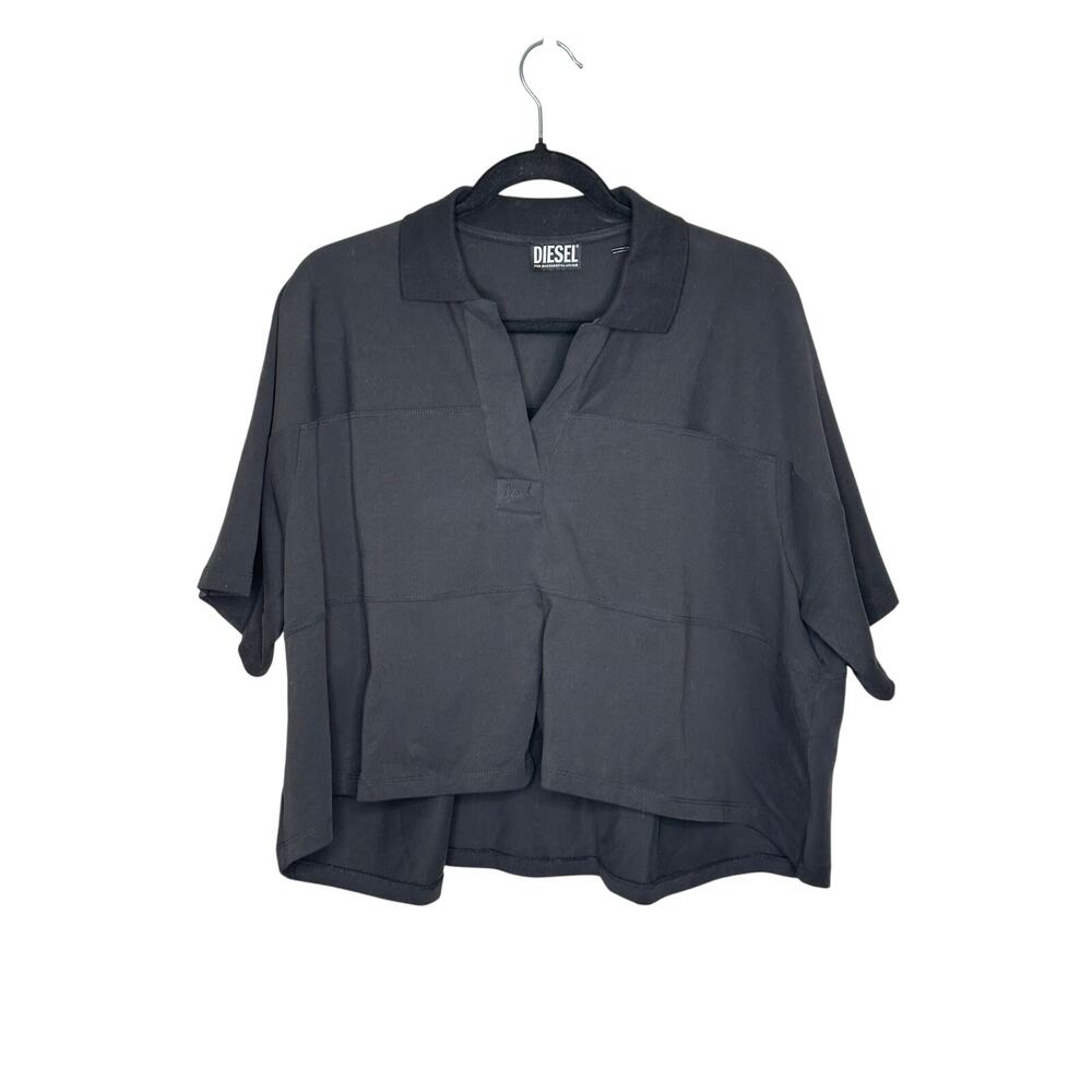 Diesel T-Vaite NWT Black Oversized Cropped Polo Shirt Womens L 100% Cotton Boxy